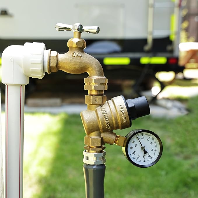 RVGUARD RV Water Pressure Regulator Valve, Brass Lead-Free Adjustable Water Pressure Reducer with Gauge and Inlet Screen Filter for RV Camper Travel Trailer