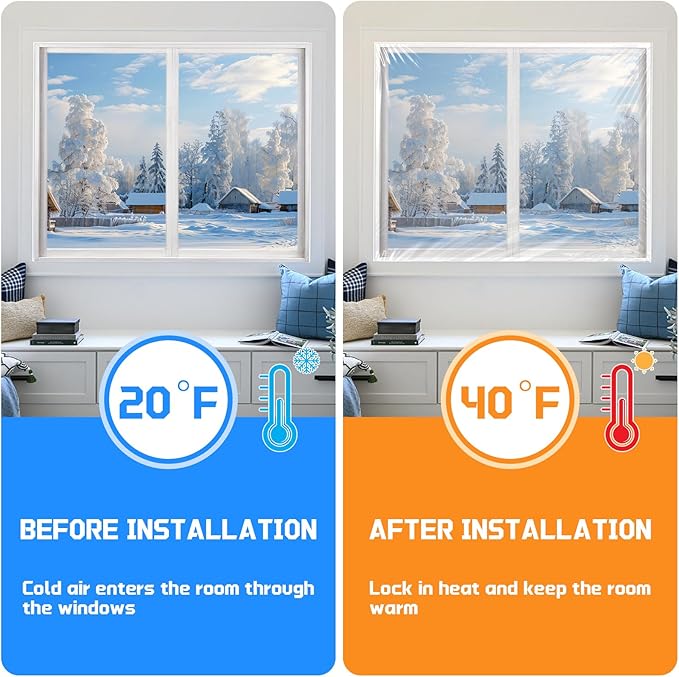 Heavy Duty Window Insulation Kit for Winter - 75 in x 79 in Clear Plastic 180㎛ Thick Shrink Film on Windows and Patio Doors, Reusable Storm Window Kit for Sliding Doors & Large Windows