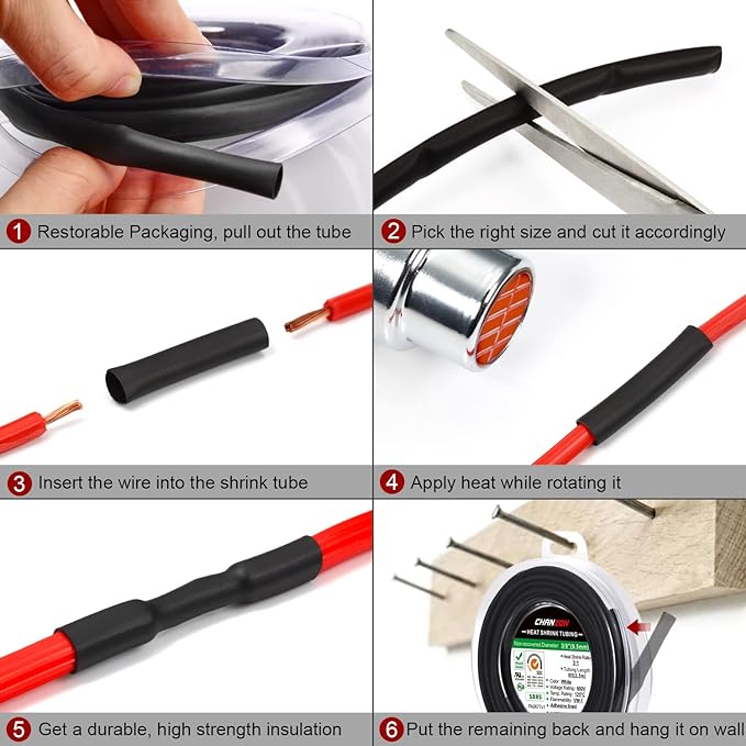 Chanzon 2:1 Ratio 1/4" (6mm) Heat Shrink Tubing 8Ft Roll (2.5M Total Length) Black Polyolefin Sleeving Wrap Shrinking 2 to 1 1pcs