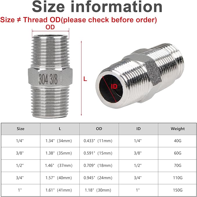 2Pcs 3/8" Male Hex Nipple Pipe Fittings, 304 Stainless Steel Threaded Adapter Fittings, 3/8 Inch Male Equal Nipples Connectors, Male Straight Threaded Pipe Fitting