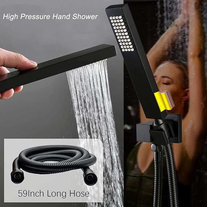 Matte Black Shower System with Body Jets, 12 inch Wall Mounted Shower Head and Handheld Spray