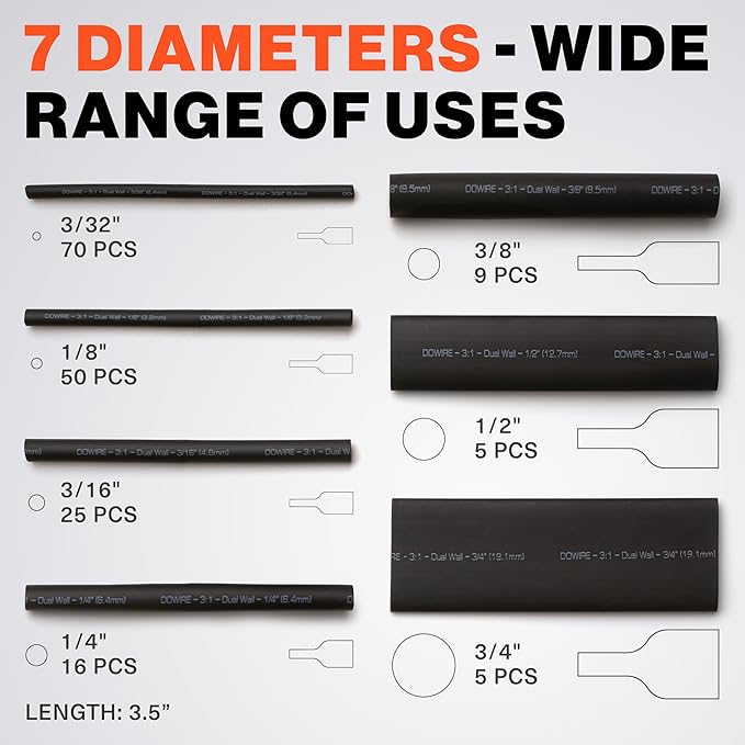 Heat Shrink Tubing Kit - 3:1 Ratio - Adhesive Lined - Wire Shrink Wrap Tubing - Waterproof Marine Grade Shrink Tube - 180 PCS - Black