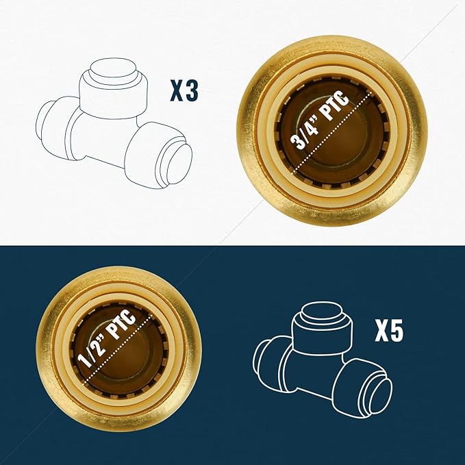 SUNGATOR Push Fitting Set, 1/2 Inch Pushfit Tee (5 PCS), 3/4 Inch Pushfit Tee (3 PCS), No Lead Brass Push to Connect Plumbing Fittings for Pex Pipe, Copper, CPVC, with 2 Disconnect Clips, Pack of 8
