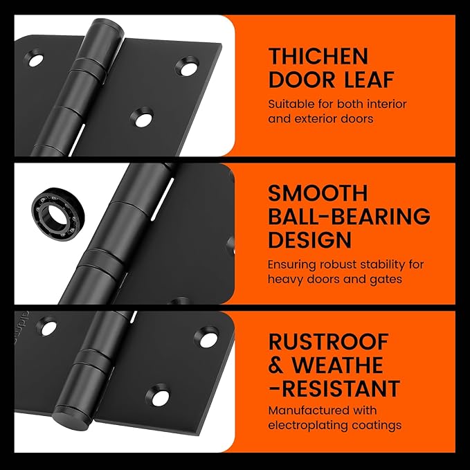 Haidms 3pack Heavy Duty Matte Black Door Hinges Ball Bearing Door Hinges 4 Inch Black Stainless Steel Hinges with Square & 5/8'' Round Radius Corner