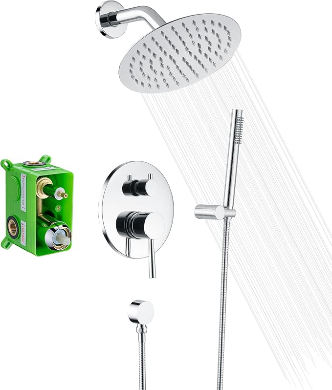 SUMERAIN Rain Shower System, Wall Mounted Bathroom Shower Faucet Set with 8" Shower Head and Brass Hand Shower, Rough in Valve Included