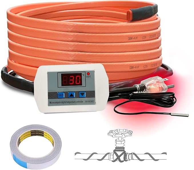 Cupohus Heat Tape for Water Pipes with Digital Display Thermostat 25FT, Freeze Protection Self-Regulating Heat Trace Cable for Metal, Plastic Home Pipes, Roof and RV, 110-120V