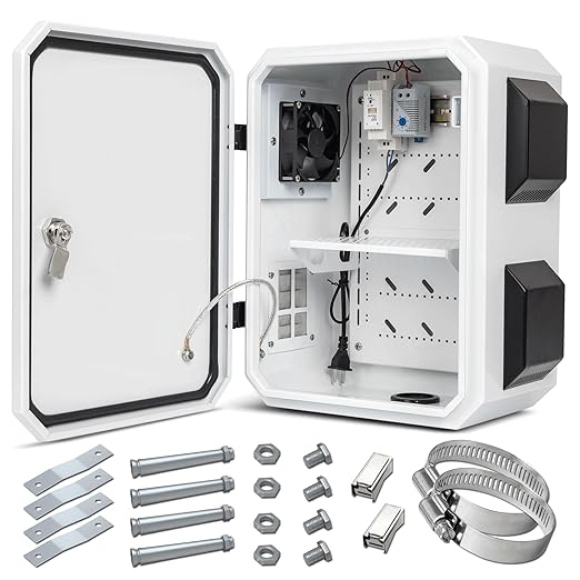 Outdoor Electrical Box with Thermostat and Fan, Cold-Rolled Steel Plate, Aluminum Alloy Back Beam, One-Piece Ventilation Design, IP65 Waterproof, Wall/Pole Mounted. (15.7" x 11.8" x 7.9")