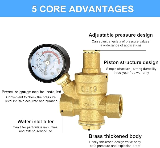 Water Pressure Regulator 1/2 inch with Gauge, Made of 100% High Hardness Brass, Adjustable Water Pressure Reducing Valve Water
