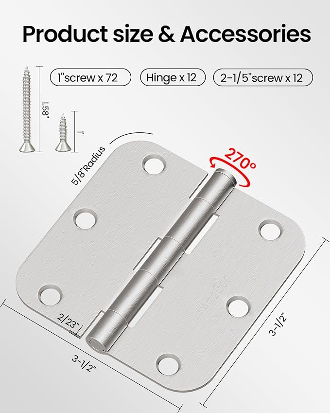 Door Hinges Brushed Nickel - 12 Pack 3.5 Inch Rounded with 5/8" Radius Satin Nickel Door Hinges for Interior and Exterior Doors - Heavy Duty 3 1/2" Silver Residential Door Hardware