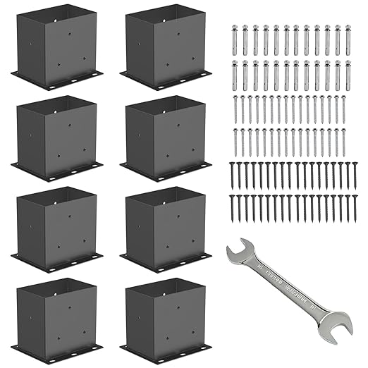 8 Pcs Post Base,4”x 6" Post Brackets(Acturl3.6 x5.6), Heavy Duty Black Metal Powder-Coated Thick Steel Post Anchor Outdoor for Support Deck Base Plate, Pergola Bracket Kit,Mialbox Post Mount