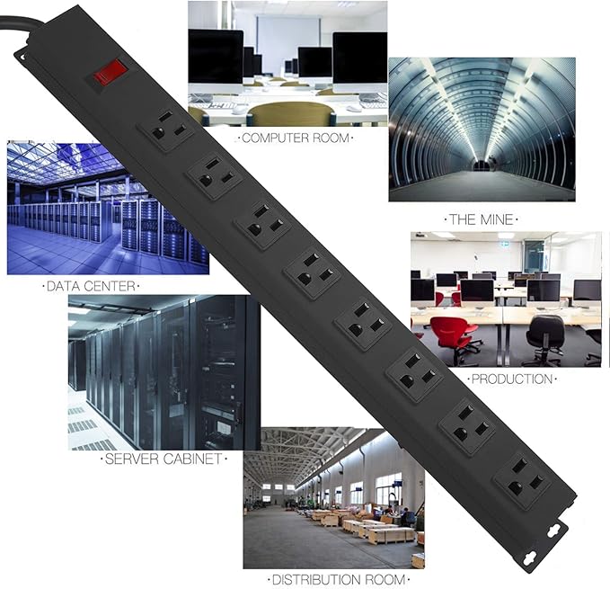 2Pack Metal 8 Outlet Mountable Power Strip, Wall Mount Outlet Heavy Duty, Wide Spaced Commercial Shop Power Strip with Switch, 6 FT SJT 14AWG Power Cord.