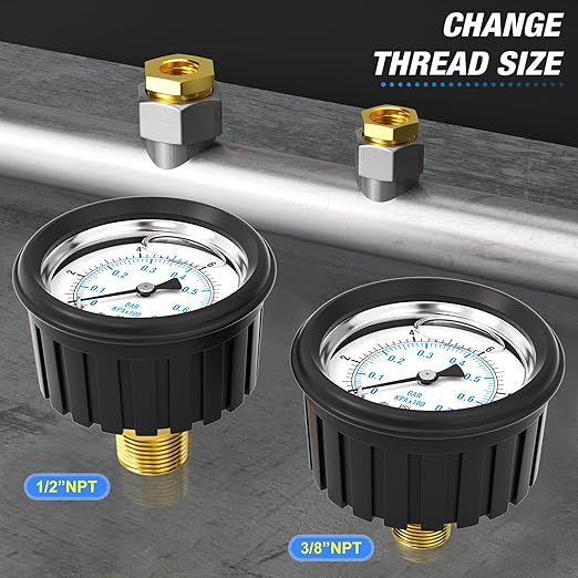 MEANLIN MEASURE 0~10Psi Stainless Steel 1/4" NPT 2.5" FACE DIAL Liquid Filled Pressure Gauge, Center Back Mount (with Rubber Protective Sleeve), with 1/2" NPT and 3/8" NPT Hex Bushing