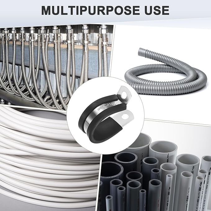 12-Pack Cable Clamps, 1 Inch/ 25 mm 304 Stainless Steel Rubber Cushioned Insulated Cable Clamp R Shape Metal Holder for Tube/Wire/Pipe/Loop Installation