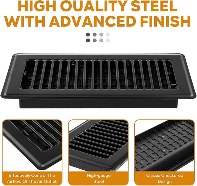 Black Vent Cover, Floor Register 4x10, Heavy Duty Steel Walkable Floor Vents, Easy Adjust Air Supply Lever, Vent Covers for Home Floor, 4 Pack Black
