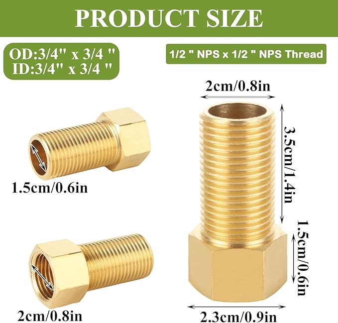 10 PCS Brass Pipe Fittings, 1/2" Female to 1/2" Male Pipe Longer Fitting Converter Adapter, 1/2 inch Brass Extension Pipe Nipple Connector(Length 1.96 Inch/50 mm)