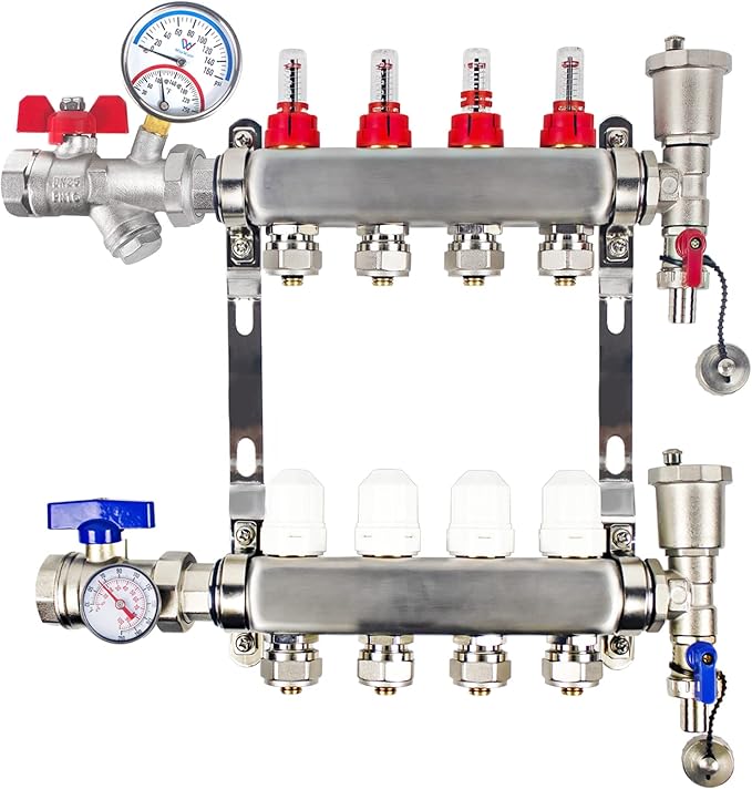 WiseWater 1'' NPT Stainless Steel Ball Valve with Strainer Mesh Filter, PEX Manifold Ball Valve with 2.48'' Hot Water Thermometer and Pressure Gauge for Radiant Floor Heat PEX Manifold Loops