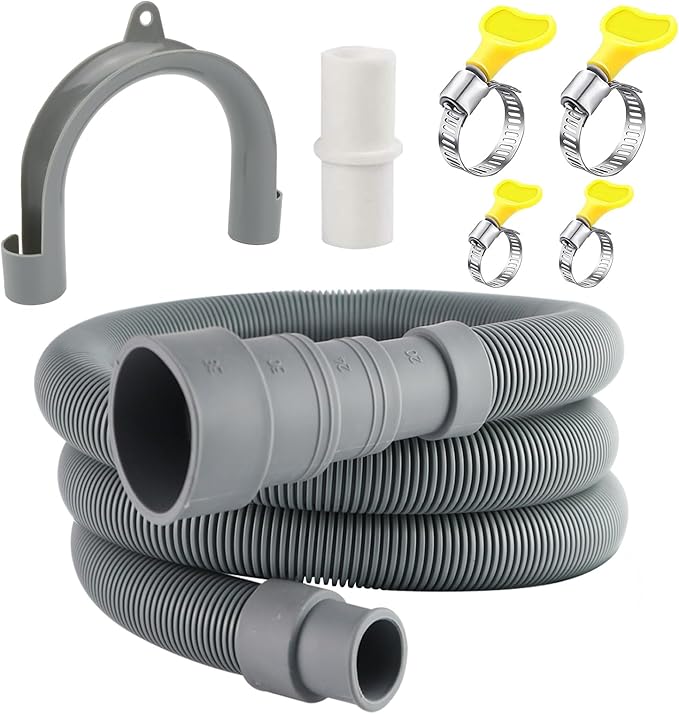 6.56 FT Universal Washing Machine Drain Hose, Drain Hose Extension Kit for Washer, Dishwasher, Dryers, Dehumidifier with 4 Hose Clamps, 1 U-Holder, 1 Adapter, Fit for 0.79-1.5 inch Drain Outlet