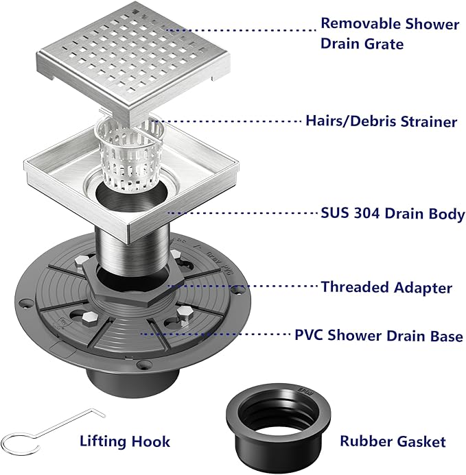 Neodrain 4-Inch Square Shower Drain with Removable Quadrato Pattern Grate, PVC Shower Drain Base and Rubber Gasket for Bathroom Floor Drain, Brushed 304 Stainless Steel, Includes Hair Strainer