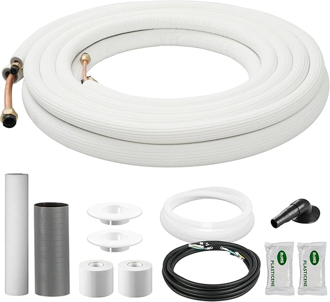 DELLA 50 Ft Mini Split Line Set, Includes 1/4" & 5/8" O.D. Copper Pipes with Flared Nuts and a 3/8" Thick White PE Insulated Coil, Perfect for Mini Split AC and Other HVAC Systems