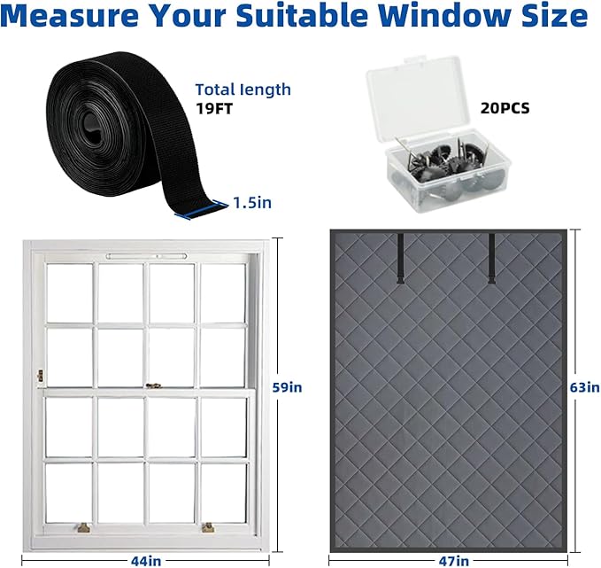 Thermal Window Cover for Winter, 63"x 47" Window Insulation Kit, Oxford Cloth Cotton Layer Insulated Window Cover to Keep Cold Out for Living Room skylights RVs - Gray