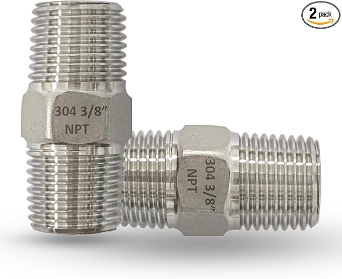 2pcs 3/8" Male X 3/8" Male Pipe Hex Nipple, 304 Stainless Steel 3/8 inch NPT Male Threaded Short Equal Nipple Connector, Heavy Duty Straight Male Pipe Fitting Adapter (3/8",2pcs)