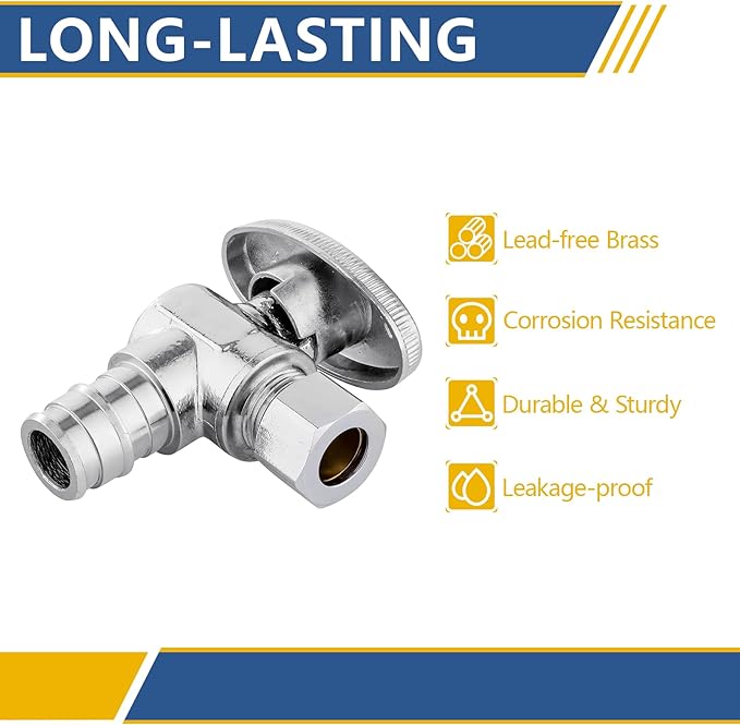 Angle Stop Valve,1/2 Inch Pex Expansion X 3/8 Inch OD Compression Angle Shut-off Valve with 1/4 Turn on/off (Pack of 20,ASTM F1960)(VALVE094-20Pack)