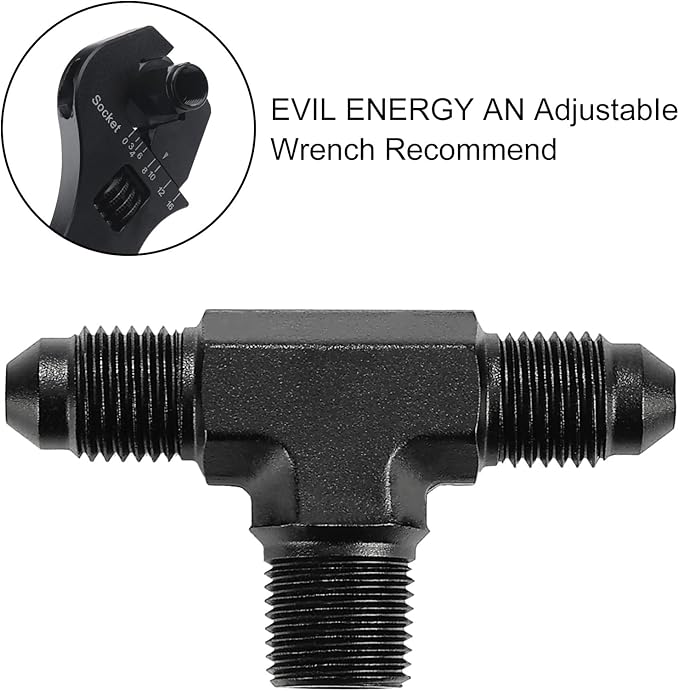 EVIL ENERGY 3AN Tee Male Flare to 1/8 NPT on Side Branch T Fitting Adapter Aluminum Black