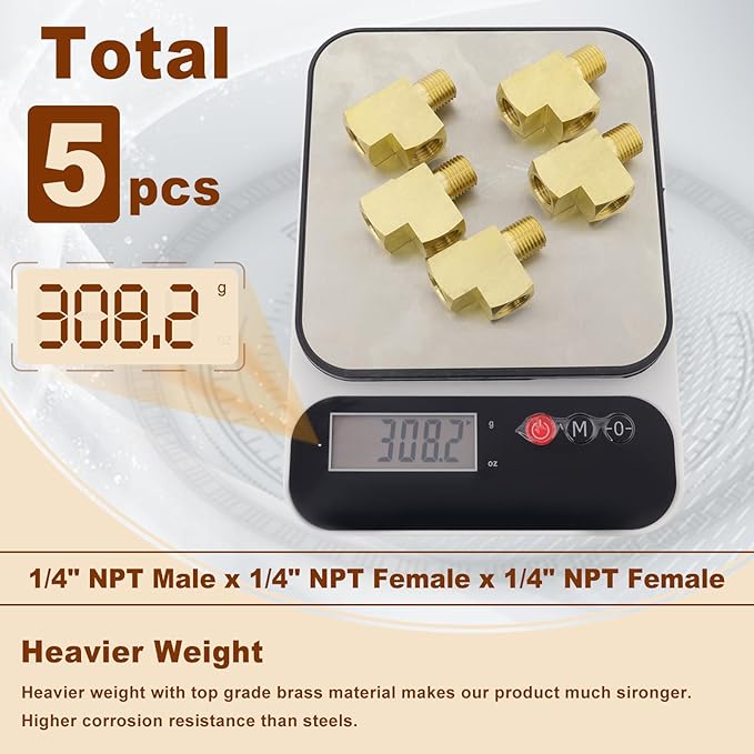 5pcs 1/4" Brass Tee Fittings 1/4" NPT Female Pipe to 1/4" NPT Male to 1/4" NPT Female Brass Barstock Street Tee Pipe Fittings 3 Way for Joining Pipe