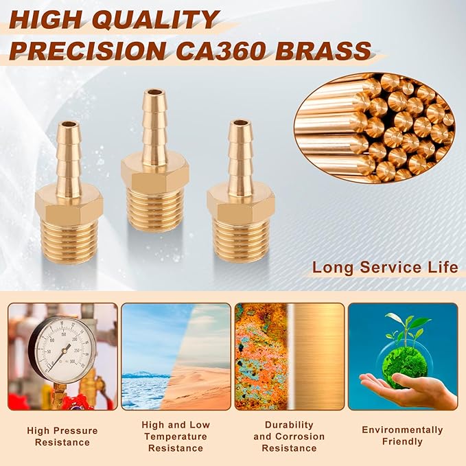 5pcs Brass Hose Barb Fittings 3/16 Inch Barb to 1/4 Inch NPT Male Thread Air Hose Fittings Adapter Connector Water Fuel Air Line Fittings 3/16” × 1/4” NPT Brass Fittings