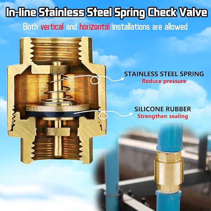 2PCS 3/4 NPT Thread Spring Check Valve, Brass Non Return One Way Horizontal Vertical Inline Water Check Valve for Well, Pump, Tank, Backflow Prevention