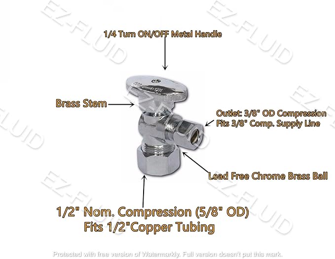 (10 Pack) EZ-Fluid 1/2" Nom. (5/8" OD) × 3/8" OD Compression Angle Stop Valve Chrome Brass, 1/4 Turn Water Shut-Off Valve for for Sink, Bathroom, Kitchen, Laundry Plumbing