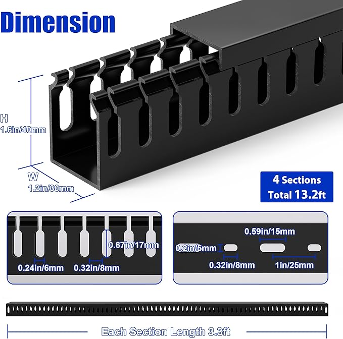 ZhiYo H1.6xW1.2in Cable Raceway, 13.2ft (4xL3.3ft) Server Rack Cable Management Under Desk Cord Organizer, Electrical Safe PVC Cable Channel Open Slot Wire Raceway for Network/PC/TVs, Wire Duct Black