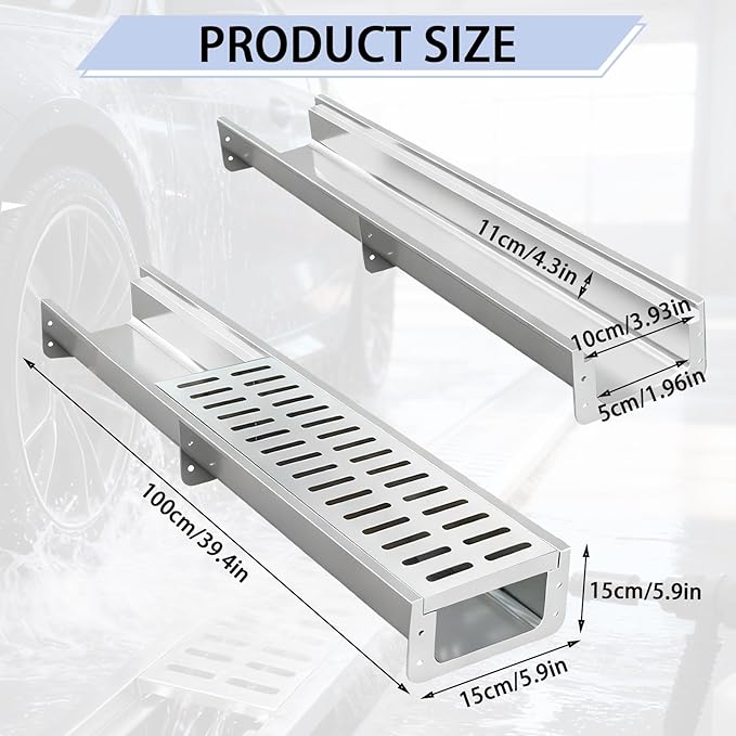 304 Stainless Steel Channel Drain, Durable Trench Drain System with Drain Grate, Deep Profile Channel, Trench Drain Channel for Driveway, Outdoor, Yard, Garage Floor Drain Channel (Silver, 39.4in)
