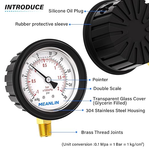 MEANLIN MEASURE -30inHG~30Psi Stainless Steel Vacuum Pressure Gauge 1/4" NPT 2.5" FACE DIAL with Rubber Protective Sleeve, Lower Mount