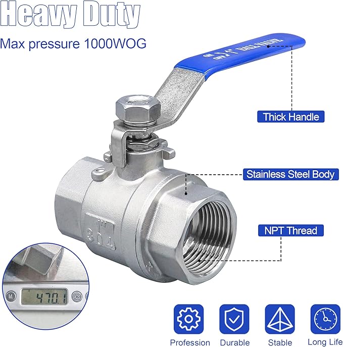 1 Inch Ball Valve, Premium Heavy Duty 304 Stainless Steel Full Port Forged NPT 1" Ball Valve for Water Oil and Gas with Long Handle Shut Off Switch, 1000 WOG (2 pieces, FNPT to FNPT)