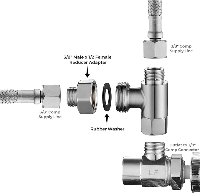 Water Line Adapter, 4 PCS Pipe Fittings in 1/2" Female to 3/8" Male Reducer Adapter, Compression Fitting for Kitchen Bathroom Faucet Supply Hose, Stop Valve Pipe Connector With Rubber Washer