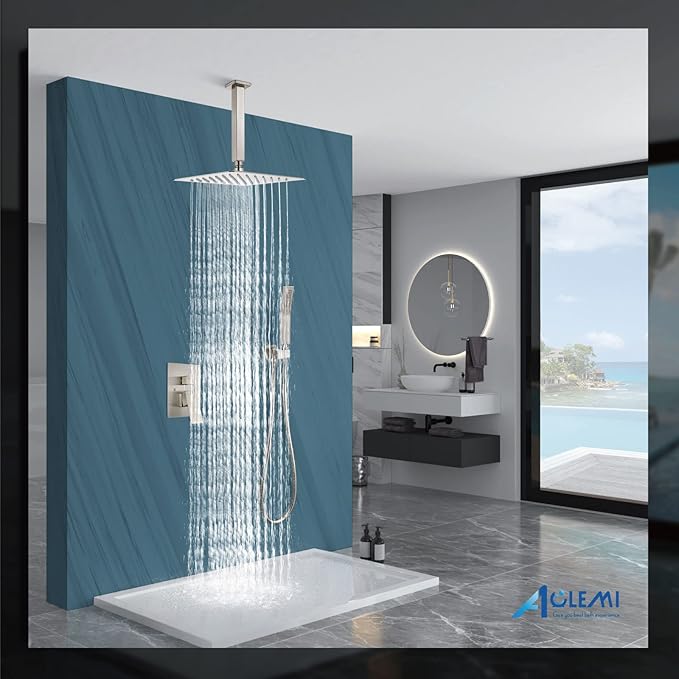Aolemi Shower Faucet Set Ceiling Mount Shower System Rough-in Valve and Shower Trim Kit 10 Inch Shower Head Single Handheld Spray Square Knob Brushed Nickel