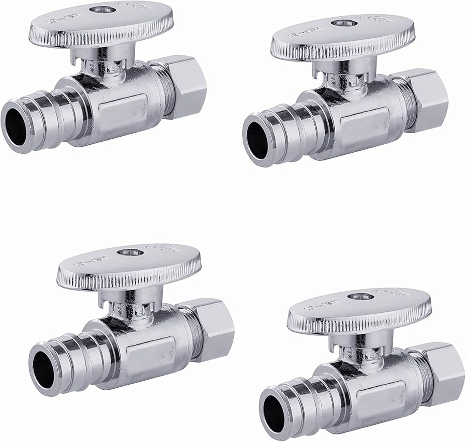 (Pack of 4) EFIELD Pex-a 1/4 Turn Straight Stop Valve 3/8" OD Compression x 1/2" Expansion (F1960) Chrome Plated Brass,(VALVE098-4PCS)
