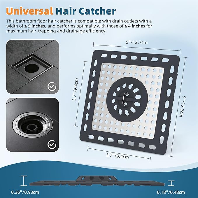 Hibbent Upgraded Shower Drain Hair Catcher, Shower Drain Cover for Bathroom Floor 4" Drain, Anti-Clogging Bathtub Drain Strainer, Stainless Steel Kitchen Sink Drain Strainer with Handle, Dark Grey