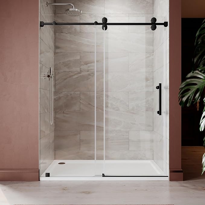 61-65 Inch x 80 Inch Sliding Frameless Shower Door, 3/8" Tempered Glass with Easy-Cleaning Coating, Stainless Steel Rollers & SGCC-Certified Stability, Matte Black