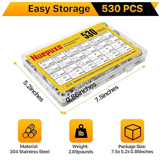 530PCS Flat Washers Assortment Kit, 304 Stainless Steel Fender Washers, 24 Sizes (M3 M4 M5 M6 M8 M10 M12 6# 8# 10# 12# 1/4 5/16 3/8 7/16 1/2) SAE + Metric Metal Washers for Screws and Bolts