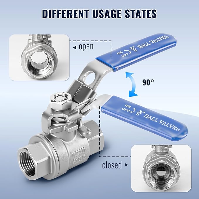 2 Pack 3/8'' Ball Valves NPT Female Stainless Steel 304 Full Port Ball Valve with Locking Handle, Heavy Duty Shut Off Valve for Home and Industrial(3/8 Inch)
