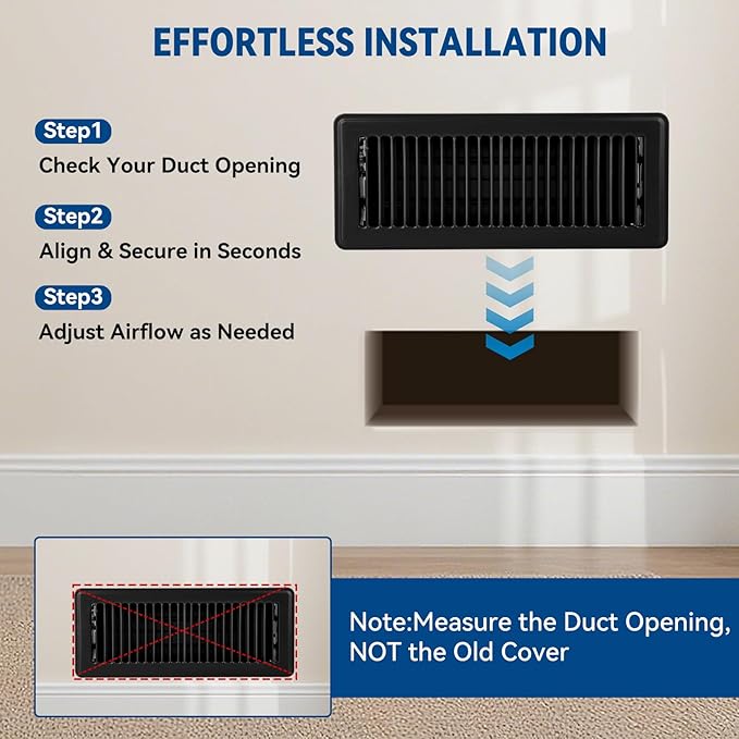 4" x 12" Floor Register Vent Covers 2-Pack, Walkable Powder-Coated Metal Vent Covers with Adjustable Airflow, Curved Safe Edges for Floor/Wall, Black