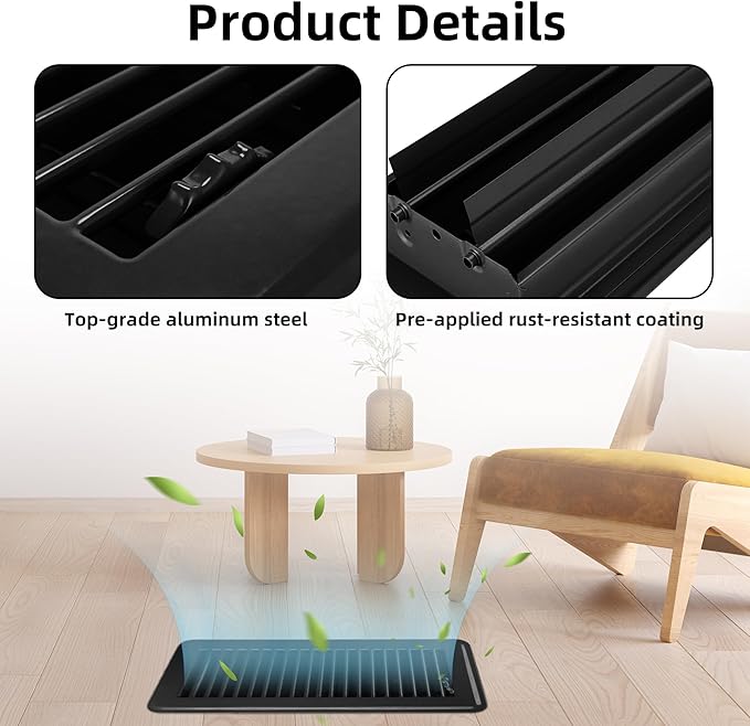4 x 10 Floor Register, Black Floor Vent Covers for Home Floor, Adjustable Air Vent Covers Home Sidewall Vent Office or Ceiling Vent - Heavy Duty Steel Walkable Floor Vents - 3 Pack