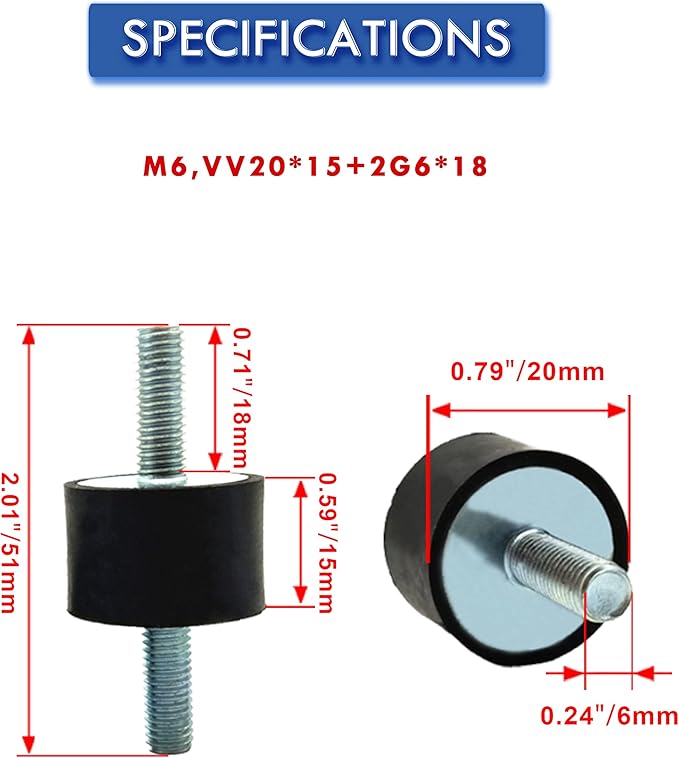 4 Pcs M6 20 x 15 mm Rubber Isolator Mounts Double Studs Shock Absorber with 8 Pcs Locknuts, Cylindrical Anti Vibration Isolation Damping Mounts for Compressors Pumps Generators Motor Engines