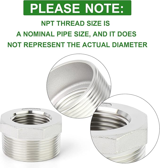 TAISHER 2PCS 304 Stainless Steel Reducer Hex Bushing, 2" NPT Male x 1" NPT Female, Reducing Pipe Adapter Fitting