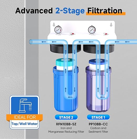 PUREPLUS 2-Stage Whole House Water Filtration System, Reduces Chlorine, Odor, Heavy Metals, Iron, Manganese, 10"x4.5" Clear Housing, 1" Inlet/Outlet, PP Sediment & Iron Filter, with Pressure Gauges