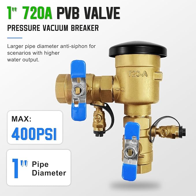 UPGRADED 1" 720A Pressure Vacuum Breaker Assembly, Metal Top Cover, Thickened Brass Backflow Preventer Valve, Back Siphon Valves for Irrigation System, Use Sealant Instead of Teflon Tape, MAX 400PSI