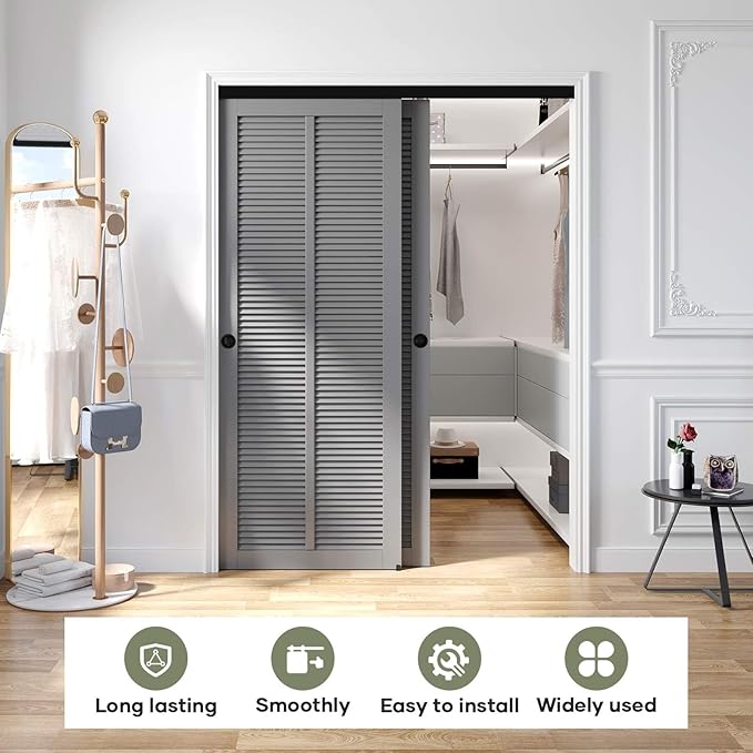 EaseLife 5FT/60in Bypass Double Sliding Pocket Door Hardware Kit,Aluminum,Commercial Grade,Bypassing Closet Door Track,Slide Smoothly Quietly,Easy Install,Black