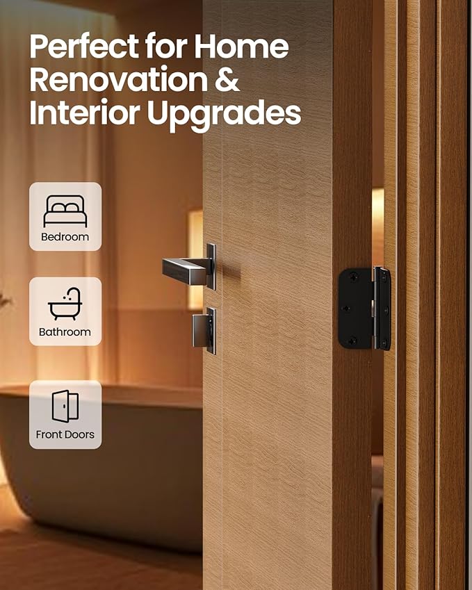 Black Door Hinges - 12 Pack 3.5 Inch Rounded with 5/8" Radius Matte Black Door Hinges for Interior and Exterior Doors - Heavy Duty 3 1/2" Residential Door Hardware